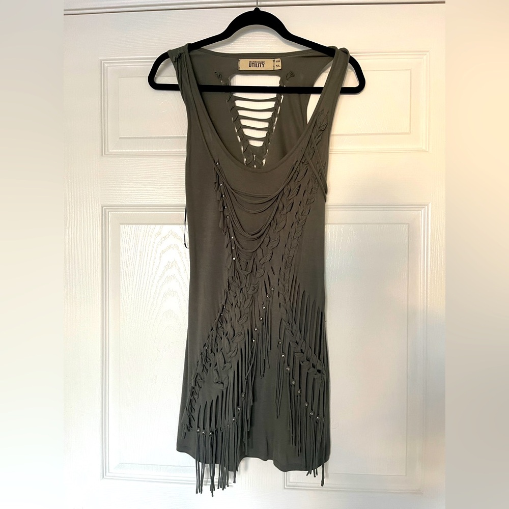 Olive Green Sleeveless Fringe Dress - Warehouse (UK) Size XS/S